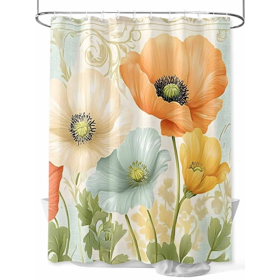 Vintage Poppy Shower Curtain, Orange Blue Yellow Floral Watercolor Flowers Waterproof Shower Curtain Set with 12 Hooks Lightweight Washable Fabric Shower Curtains for Bathroom 60x72 Inches
