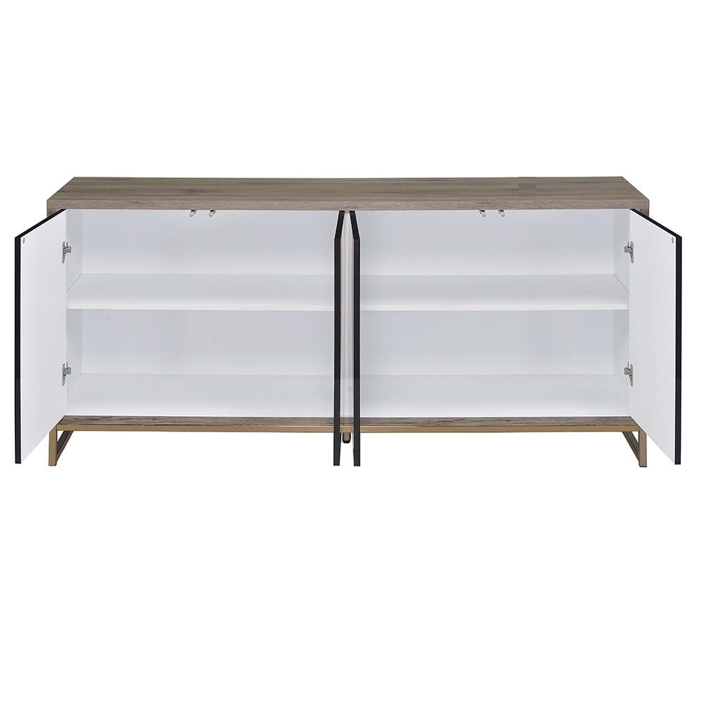 ACME Payo Wood/Metal Console Cabinet in Black Marble Paint/Oak & Champagne