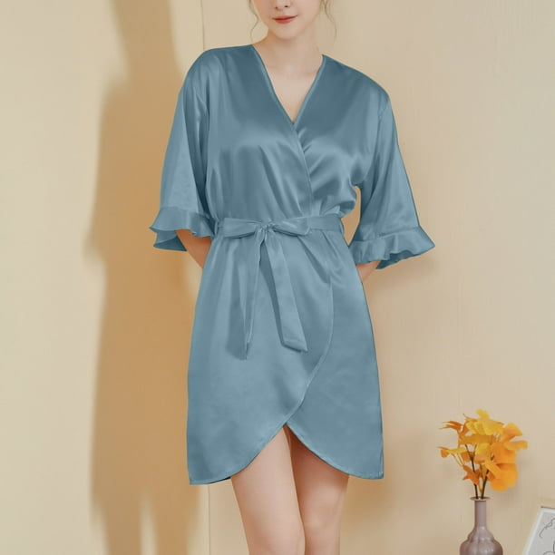 Batas para mujer, con mangas de hojas, estilo corto, sensación fresca, con cinturón, para usar en casa, camisón, batas para mujer