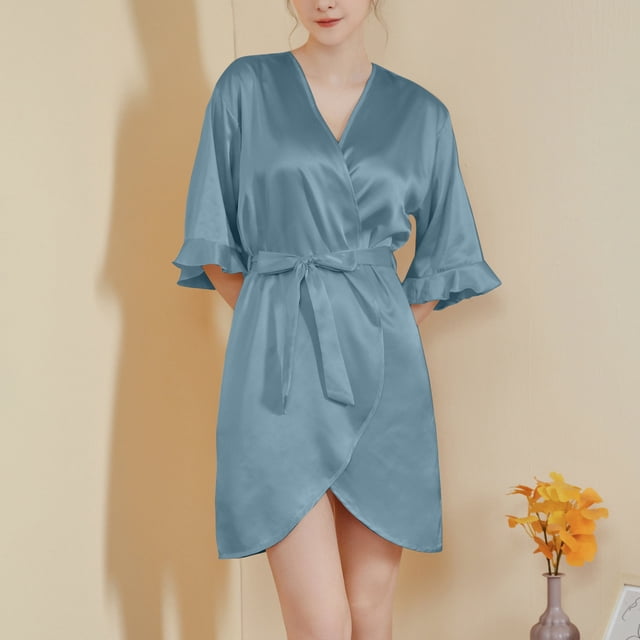 Batas para mujer, con mangas de hojas, estilo corto, sensación fresca, con cinturón, para usar en casa, camisón, batas para mujer