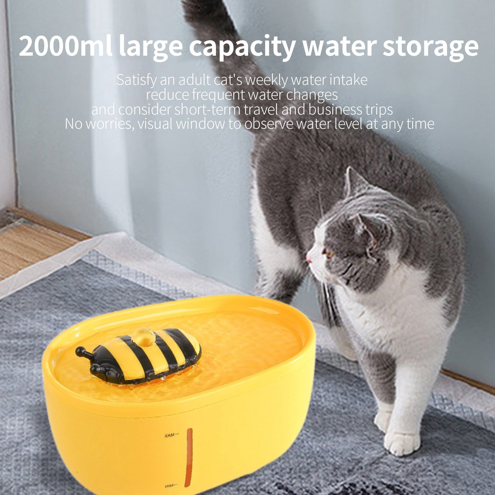 2L Pet Water Fountain Leakproof Quiet Automatic Water Dispenser in Cute Bee Shape Smart Hydration Bowl for Indoor Cats & Small Dogs