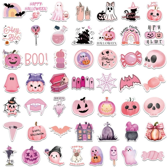 50Pcs Pink Halloween Stickers, Cute Pastel Ghost Pumpkin Bat Waterproof Vinyl Decals, Aesthetic Spooky Stickers for Water Bottle, Laptop, Journal, Scrapbook, Phone Case