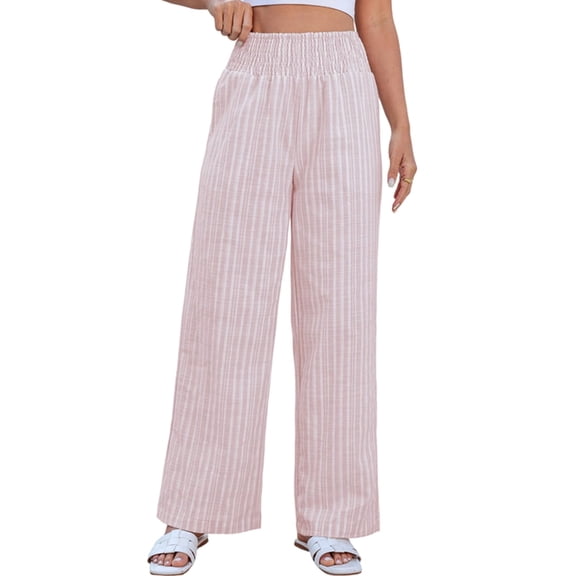 Women'S Linen Pants Wide Leg Pull on High Rise Striped Elastic Smock Waist Beach Palazzo Pants Pink XXL