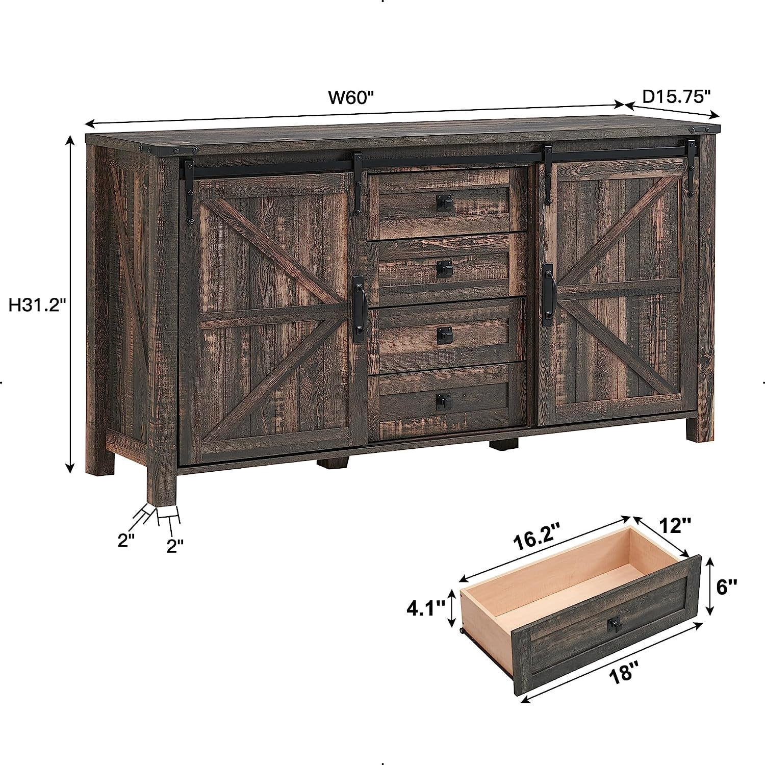 OKD 60" Farmhouse Dresser 4 Drawer Modern Storage Cabinet with Sliding Barn Door for Bedroom, Chest of Drawers Wood Organizer TV Stand for Living Room, Dark Rustic Oak