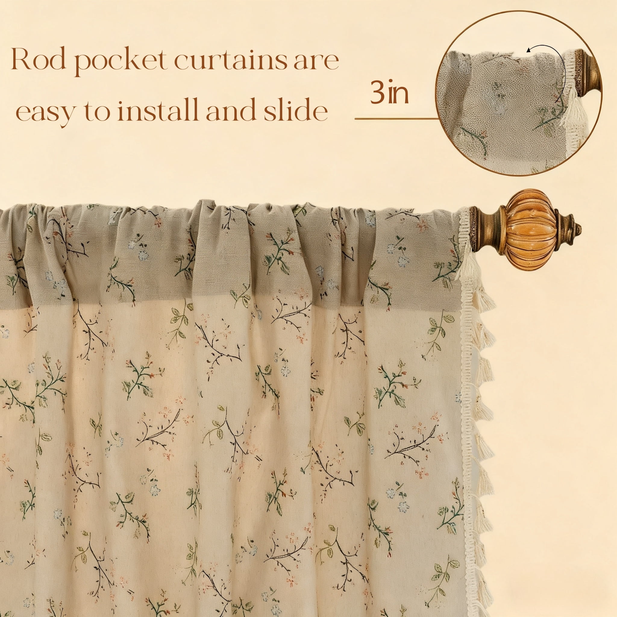 NIUBIER Semi-Blackout Linen Curtains, Floral Pattern, Rod Pocket with Tassels, 52x84 Inches, for Bedroom/Living Room