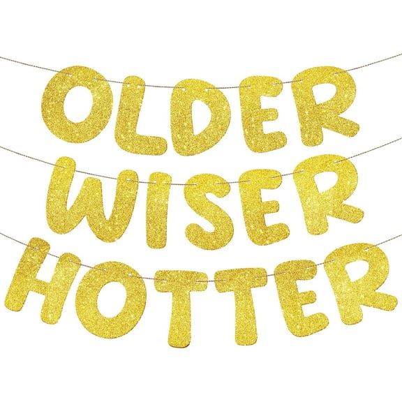 Set of 3 Maturity Wiser Hotter Glitter Banner Funny Birthday Banner for Women 30th 40th 50th 60th 70th 80th Birthday Party Decorations Sign Gift(Gold)
