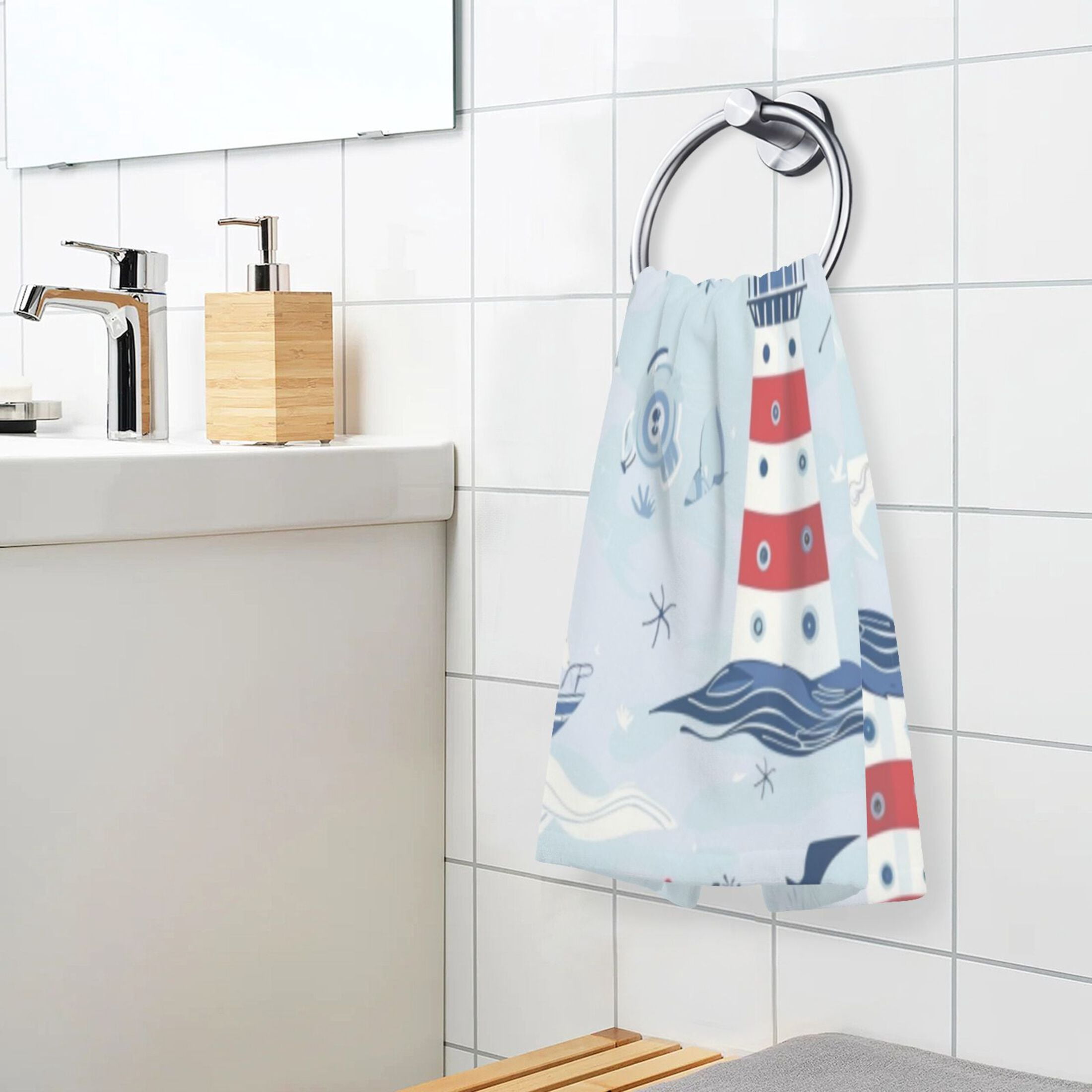 Cotton Towel Two-Piece 16x28 Inch One Sizex2 Face Towel Set Towel Set Cotton Hand Bath Towel Bathroom Beach Cartoon Red Lighthouse