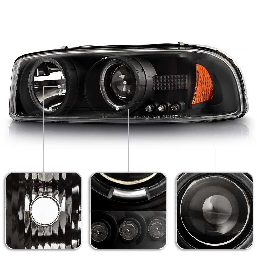 1999-2006 GMC Sierra Yukon Denali LED Halo Black Projector Headlights Headlamps