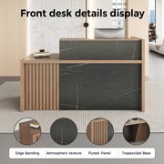 71 L-Shaped Reception Desk with Counter — Front Desk Reception Counter with Lockable Drawer, Storage Cabinet & Cable Grommet for Office, Lobby, Checkout (Walnut & Stone Gray)