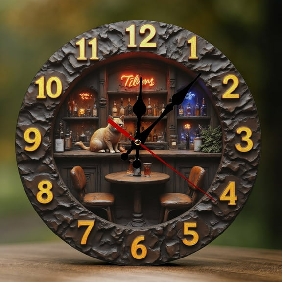 Wall Clock Decorative - Vintage Brown Bar Cat Print 2D Vintage Wall Clocks Battery Operated Silent Non-Ticking for Bedroom, Living Room, Kitchen, Office, Classroom, 10 Inch