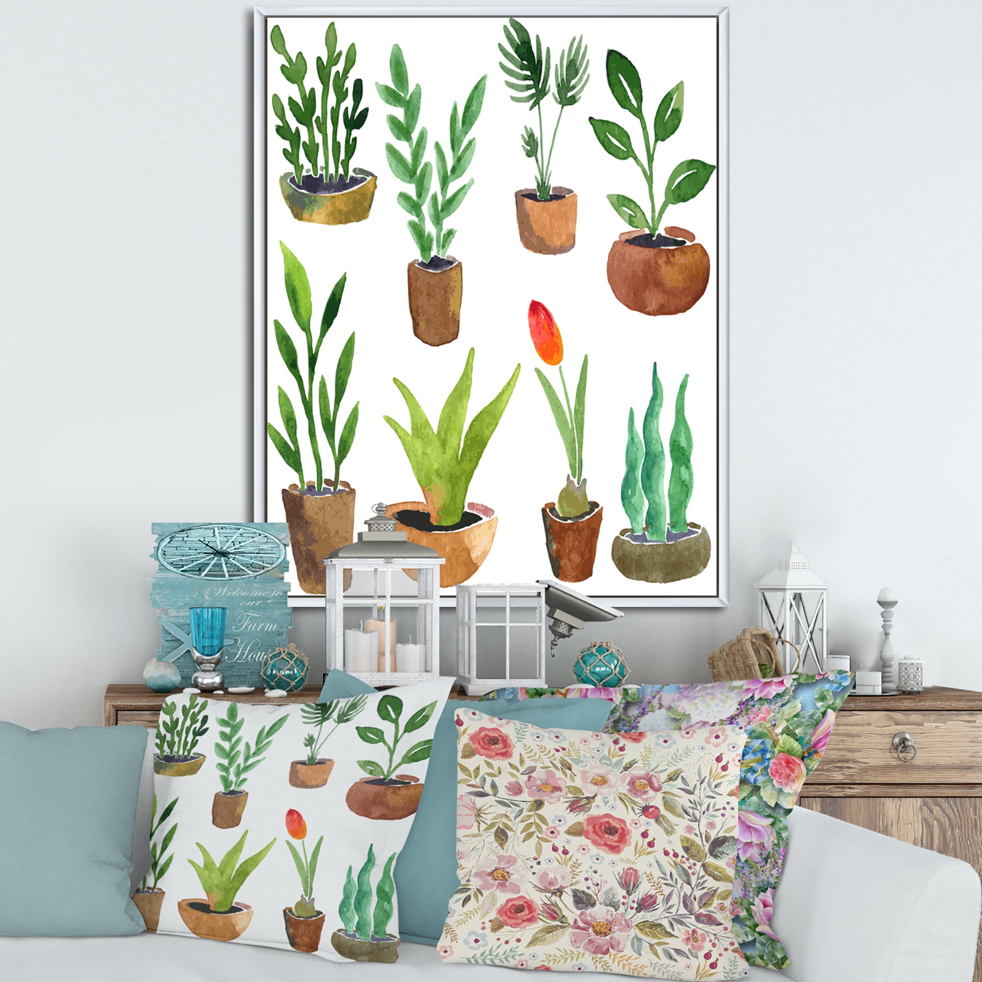 Designart 'Eight House Plants In Claypots' Traditional Framed Canvas Wall Art Print