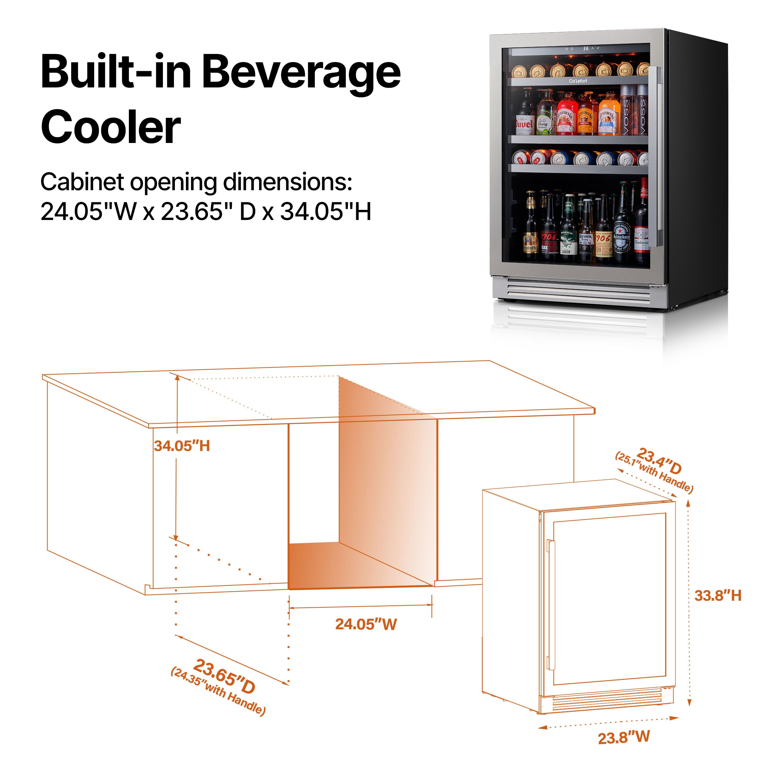 Ca'Lefort 24 inch Beverage Refrigerator Cooler,180 Can Beverage Fridge with Stainless steel Glass door