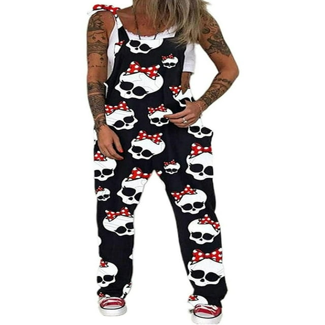 Women Halloween Outfits Bib Pants Skull Pattern Jumpsuit Plus Size Adjustable Straps Overalls