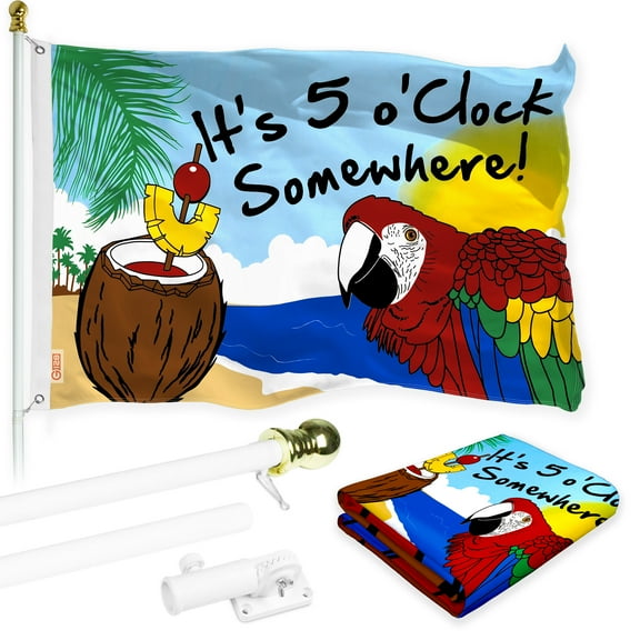 G128 Combo Pack: Flag Pole 6 FT White Tangle Free & It's 5 O'Clock Somewhere Flag 3x5 FT Printed 150D Polyester