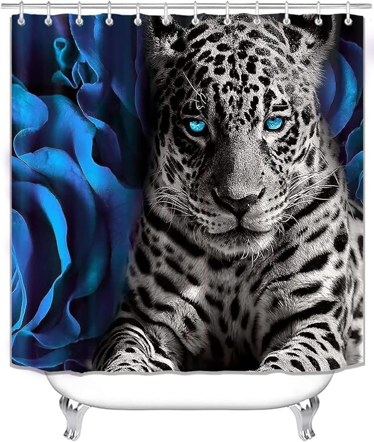 4PCS Blue Rose and Leopard Shower Curtain Bathroom Set with Rugs, Toilet Lid Cover and Bath Mat, Blue Shower Curtain with 12 Hooks, Durable Bathroom Decor Set