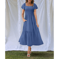 thumbnail image 5 of Women Summer Casual Square Neck Flutter Sleeve Boho Smocked A-Line Flowy Tiered Modest Midi Sun Dress with Pockets Navy Blue XL, 5 of 7