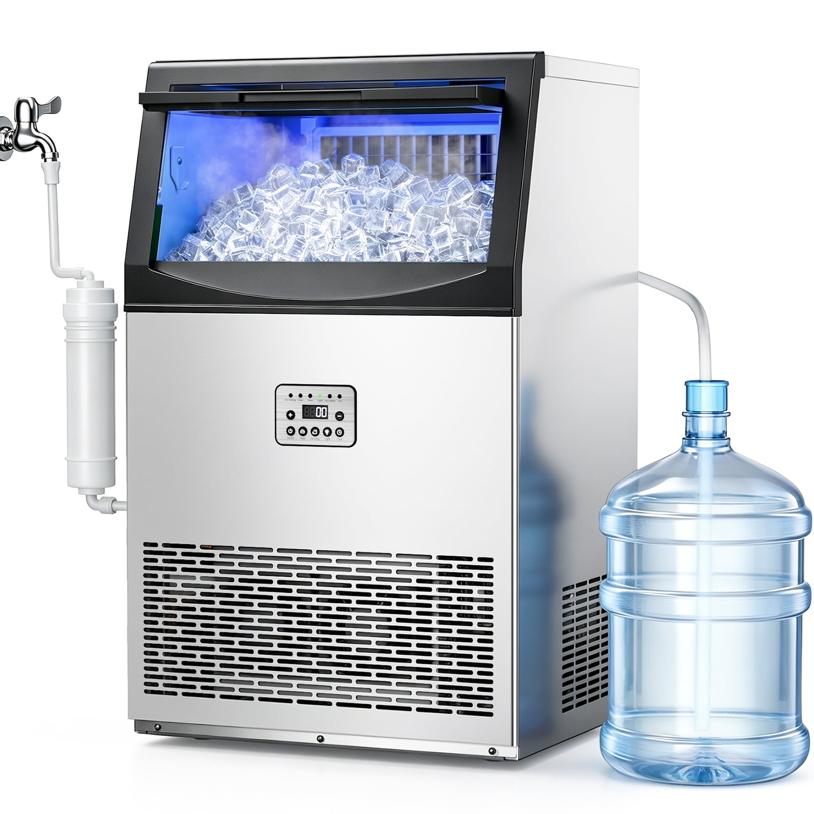 Ecojoy Commercial Ice Maker Machine 200Lbs/24H, 50Lbs Storage Bin, Freestanding & Under Counter Ice Maker | 55 Ice Cubes in 5-15 min | Thicknesses Adjustable | Commercial Ice Machine, Stainless Steel