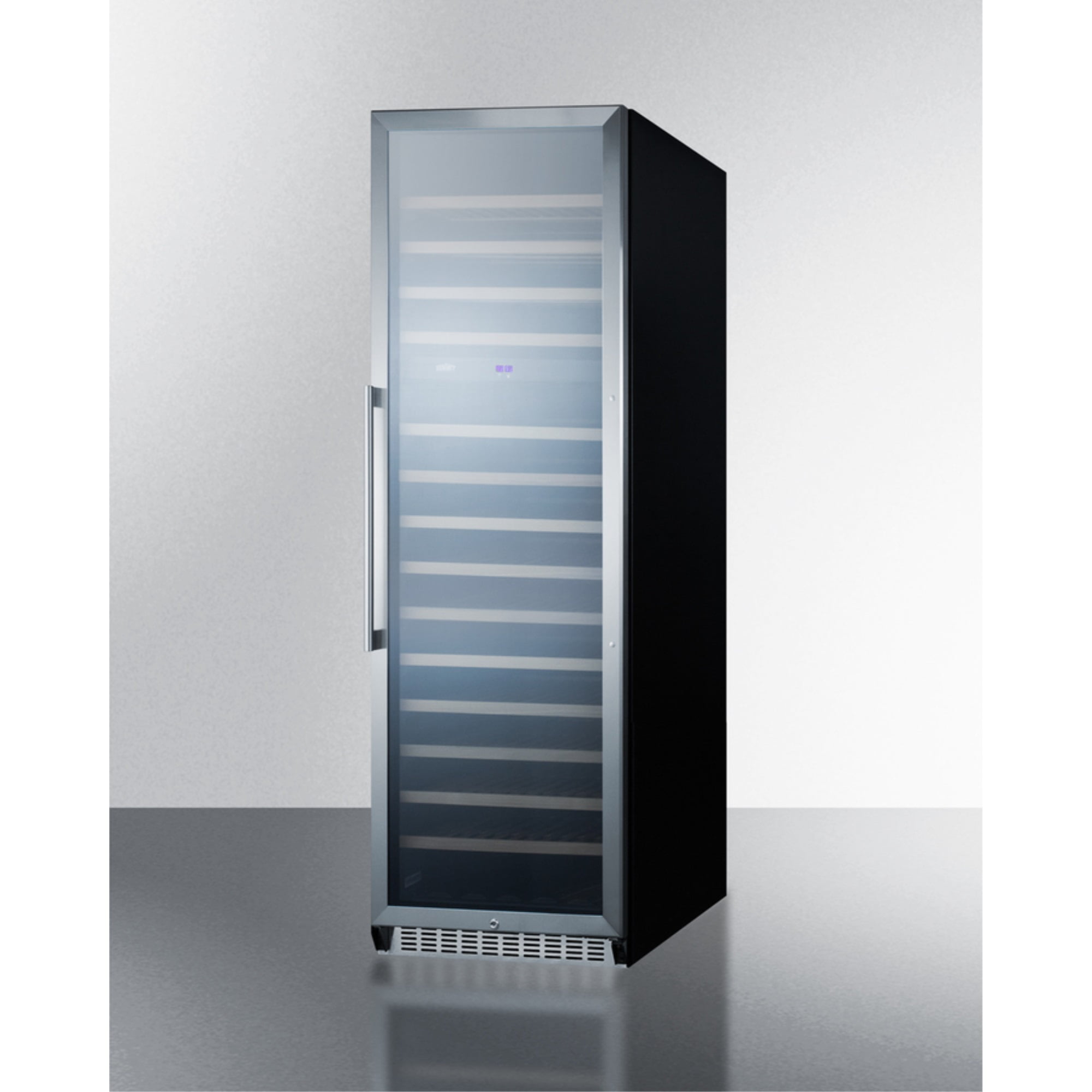 2-zone 160 bottle wine cellar with glass door, digital thermostat, and stainless steel wrapped cabinet