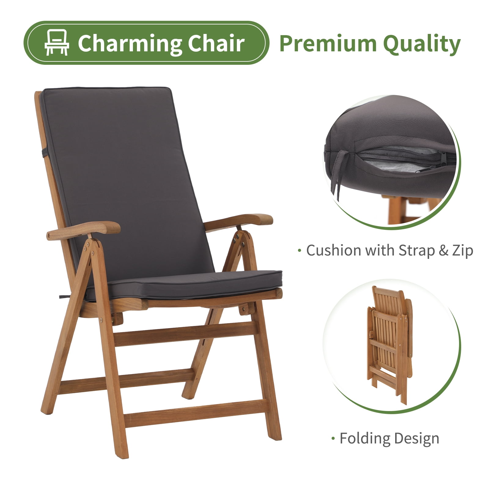 JOIVI Folding Patio Dining Chair Set of 2, Outdoor Acacia Wooden Reclining Chair w/Armrest & Removeable Cushion, FSC Certified Wood No Assembly, Gray Cushion
