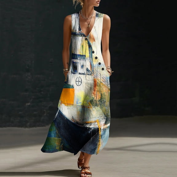 Neewe Womens Summer Casual Maxi Dresses 2026 Sleeveless Long Dresses Print V Neck Loose Sundresses with Side Split Pockets