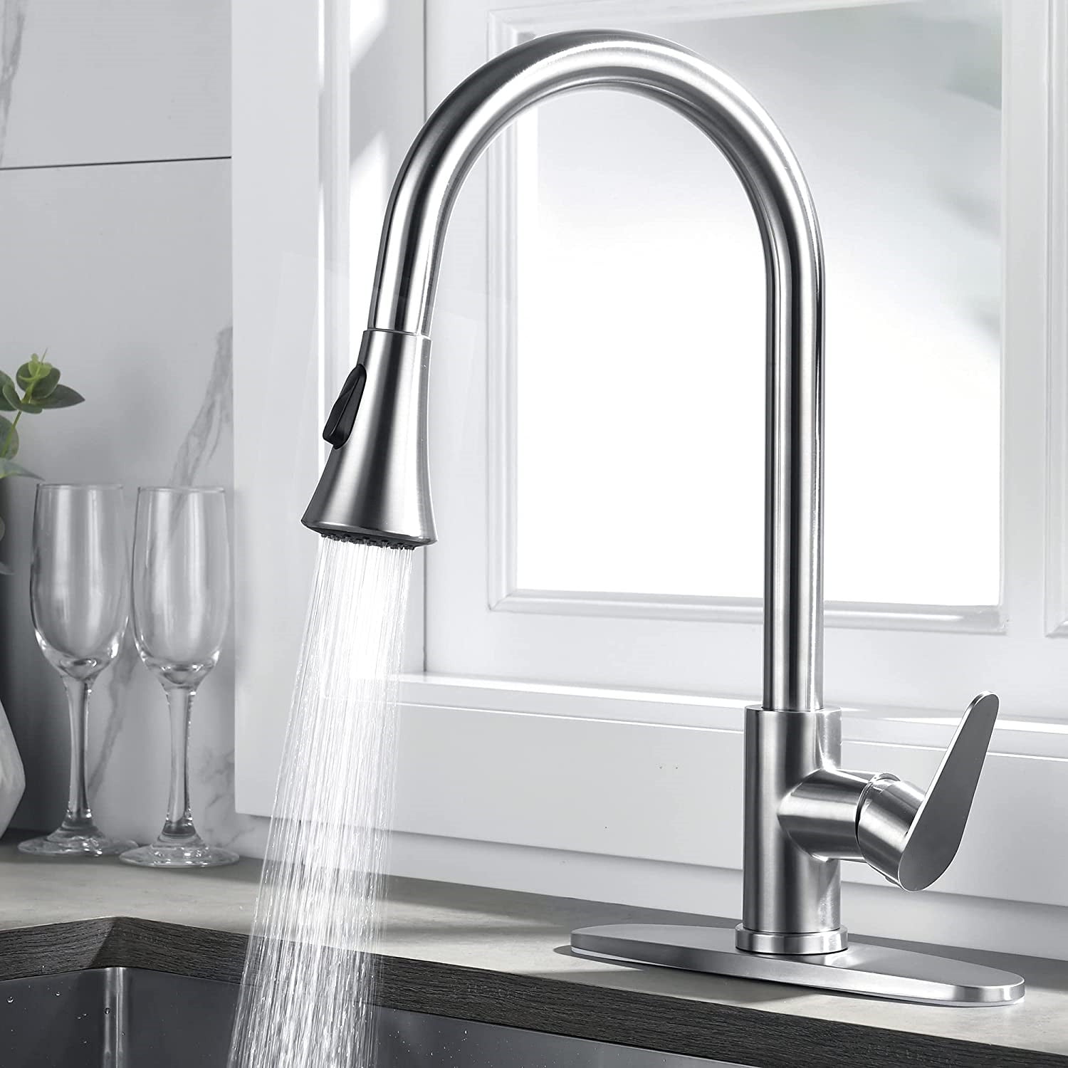 Kitchen Faucet with Pull Down Sprayer Brushed Nickel, 3 Hole Kitchen ...