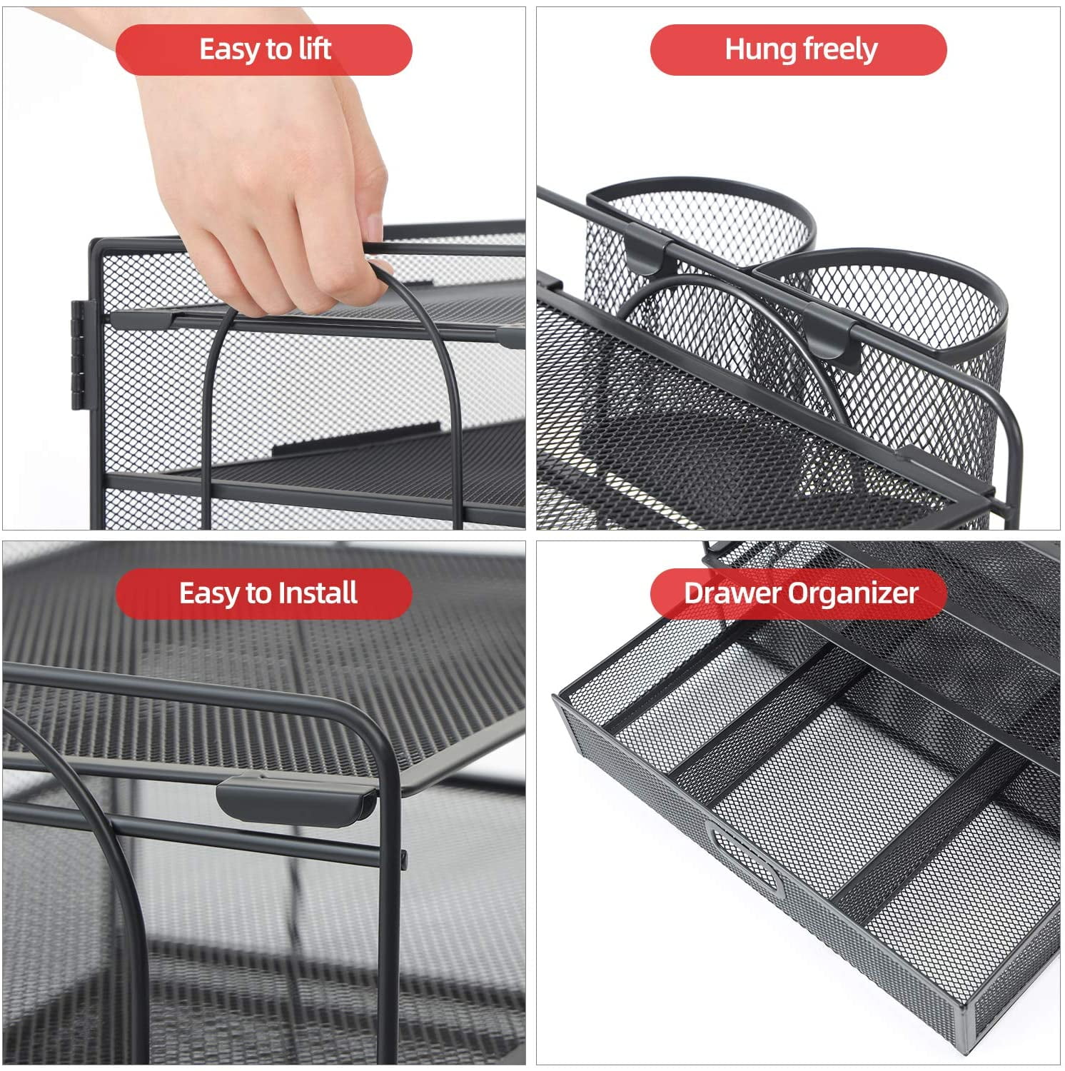 Marbrasse 4-Tier Desk Organizer with Drawer – Multi-Functional Desktop File Holder with Pen & Pencil Cup, Letter Tray Organizer for Office Supplies, Black Metal File Organizer for Home and Office