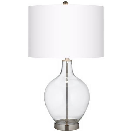 - Color Plus Modern Table Lamp Fillable Clear Glass Ovo White Linen Drum Shade for Living Room Family Bedroom Bedside Nightstand