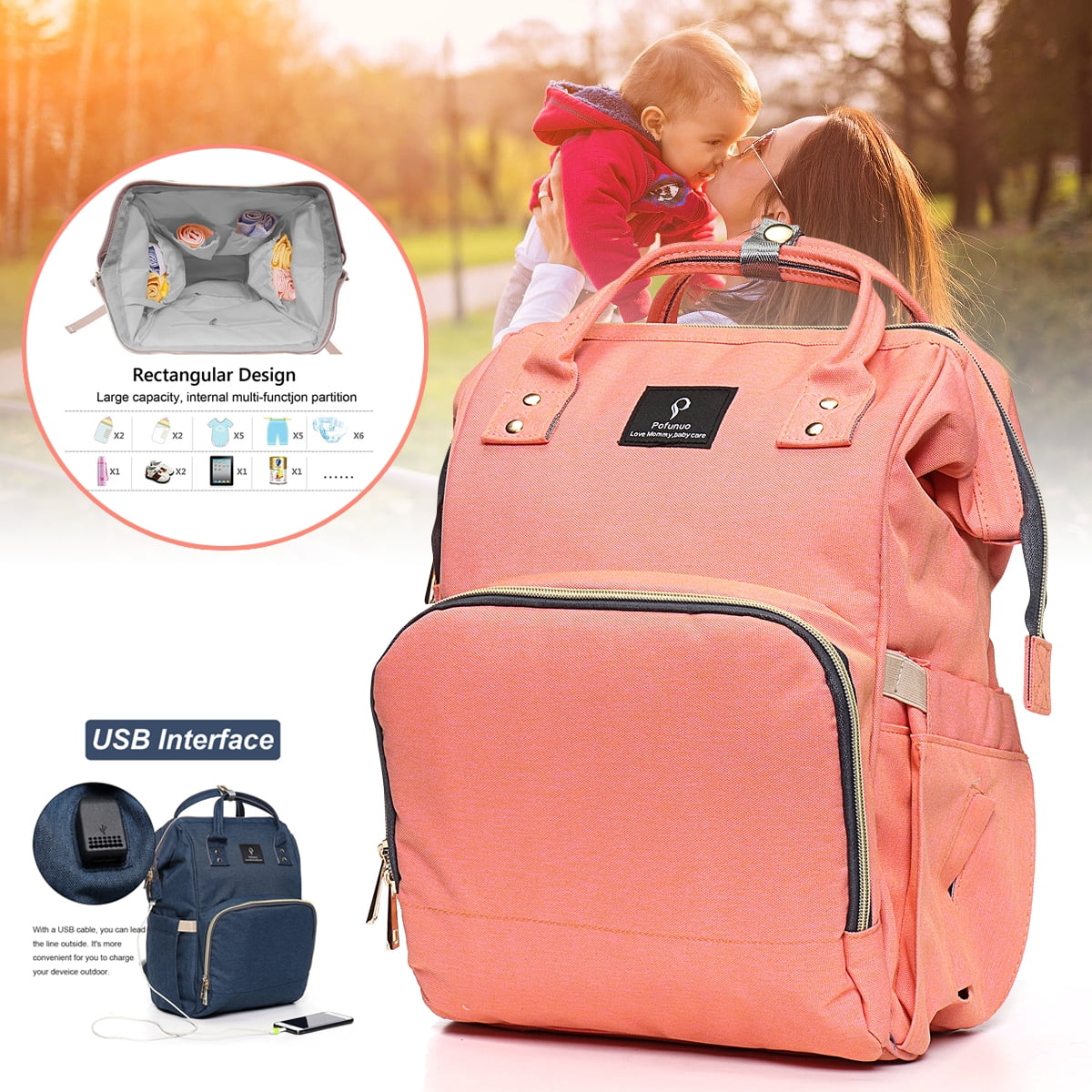 Pofunuo Mummy Bag Baby Diaper Nappy Backpack Waterproof Fashion USB Interface 