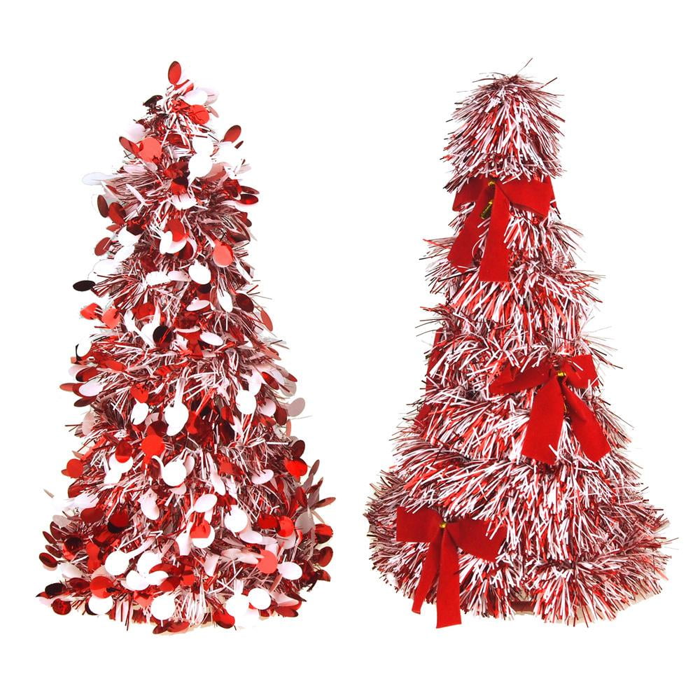 Tinsel Tree Cone Christmas Tabletop, Red/White, 10Inch, 2Piece