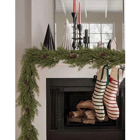 Guvpev 6FT Christmas Garland with Pinecones, Artificial Pine Needles Garland, Soft Bendable Faux Winter Cedar Garland for Mantel, Table, Wall, Stairs, Indoor Outdoor Decorations, Holiday Xmas Decor