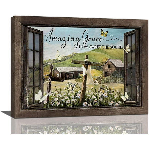 Rustic Farmhouse Christian Wall Art Window Frame Old Barn Daisy Cross Butterfly Pictures Wall Decor Country Amazing Grace Canvas Prints Framed Artwork For Home Living Room Bedroom Bathroom 16"x12"