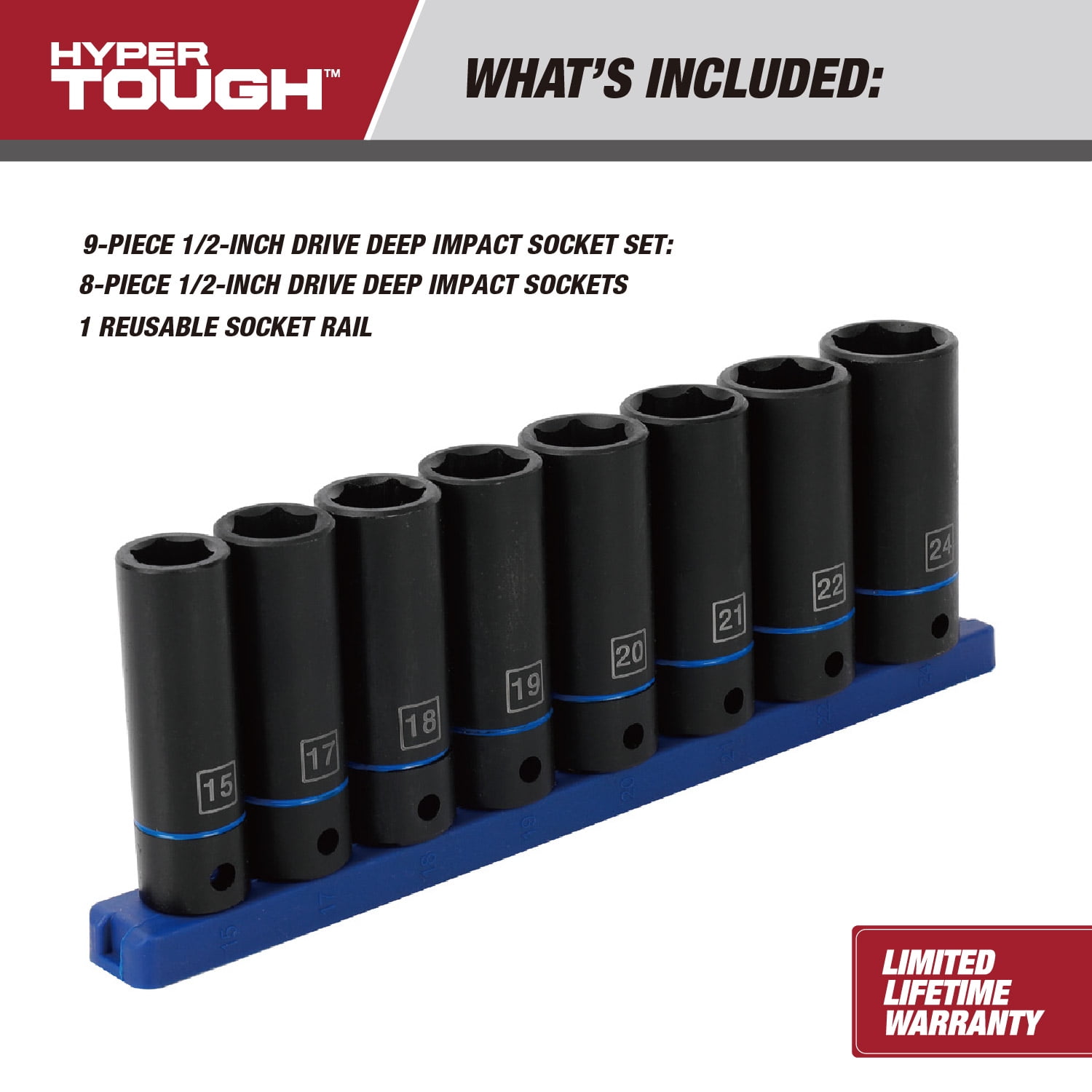 Hyper Tough 9-Piece 1/2-inch Drive Deep Metric Impact Socket Set (mm)