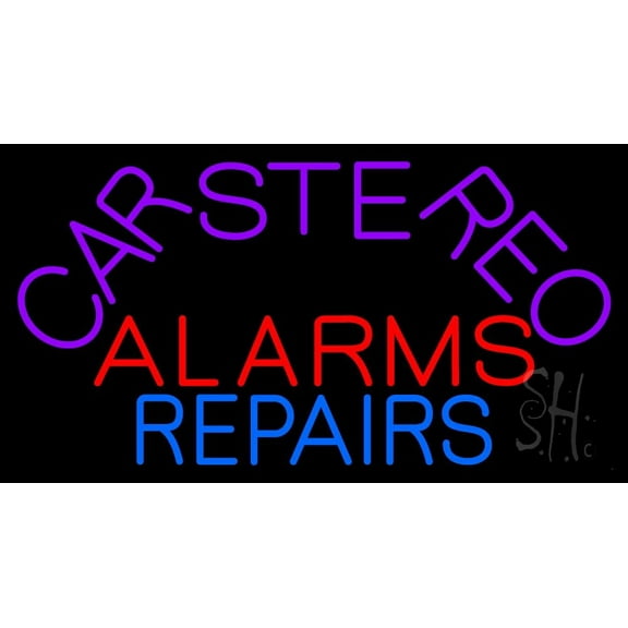 Car Stereo Alarms Repair LED Neon Sign 20 x 37 - inches, Clear Edge Cut Acrylic Backing, with Dimmer - Bright and Premium built indoor LED Neon Sign for Computer & Electronics store decor.