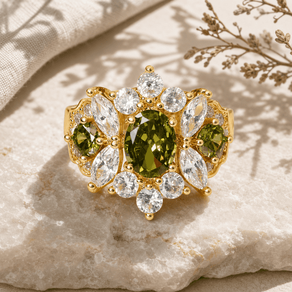 Adjustable Green CZ Ring for Women, Gold Tone Copper Cluster Ring