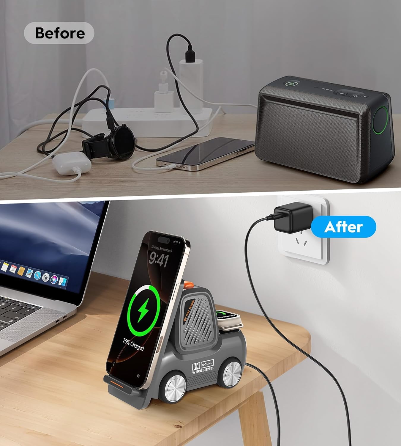 Forklift Wireless Charging Station with Bluetooth Speaker, 4 in 1 Wireless Fast Charger Multiple Devices, Compatible with iPhone16 15 14 13 Pro Max Series, Apple iWatch, Airpods, Android Phones