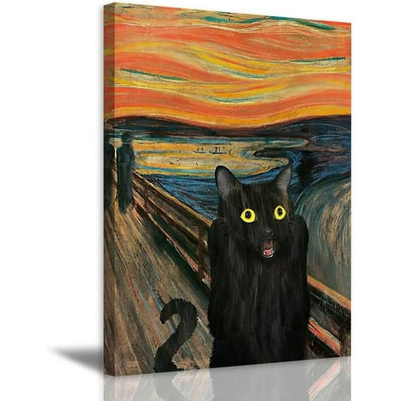 Aaheei Funny Bathroom Wall Art Abstract Cat Canvas Print Vintage Famous Painting Animal Scream Cat Poster Famous Art Parody Artwork for Bathroom Bedroom Living Room Office