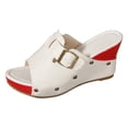 thumbnail image 5 of Rokment Women's Studded Buckles Platform Wedge Mules Slip on Sandals Fashion Casual Suede Peep Toe Color Block Chunky High Heels Summer Dressy Slides Red Size 7, 5 of 6