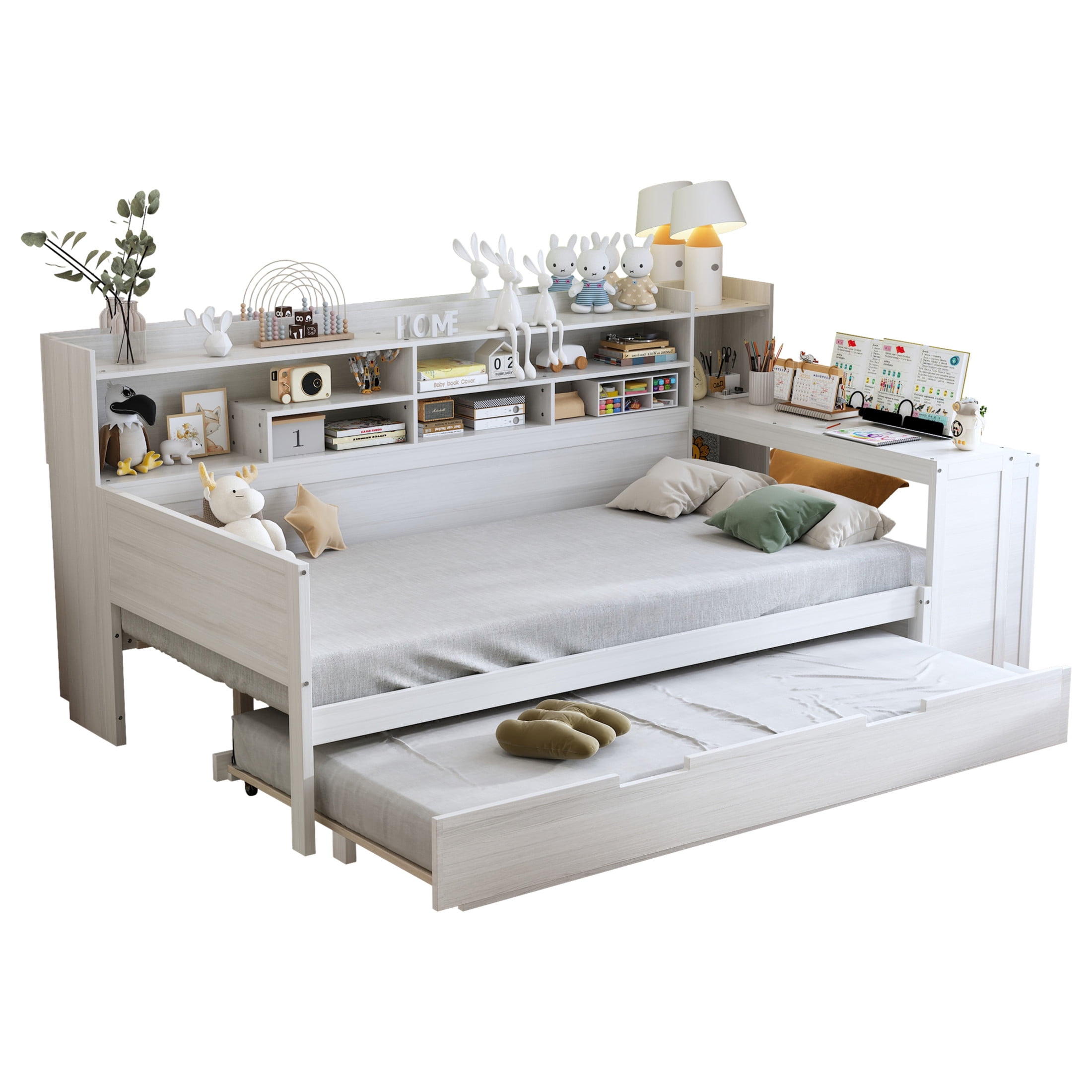 Noble House Twin Size Daybed with Twin Trundle, Storage Shelves and Study Desk, Antique White