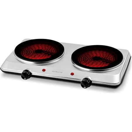 OVENTE Countertop Infrared Double Burner, 1500W Electric Hot Plate and Portable Stove with 7.5” Ceramic Glass Cooktop, 6 Level Temperature Setting and Easy to Clean Base, Silver BGI202S