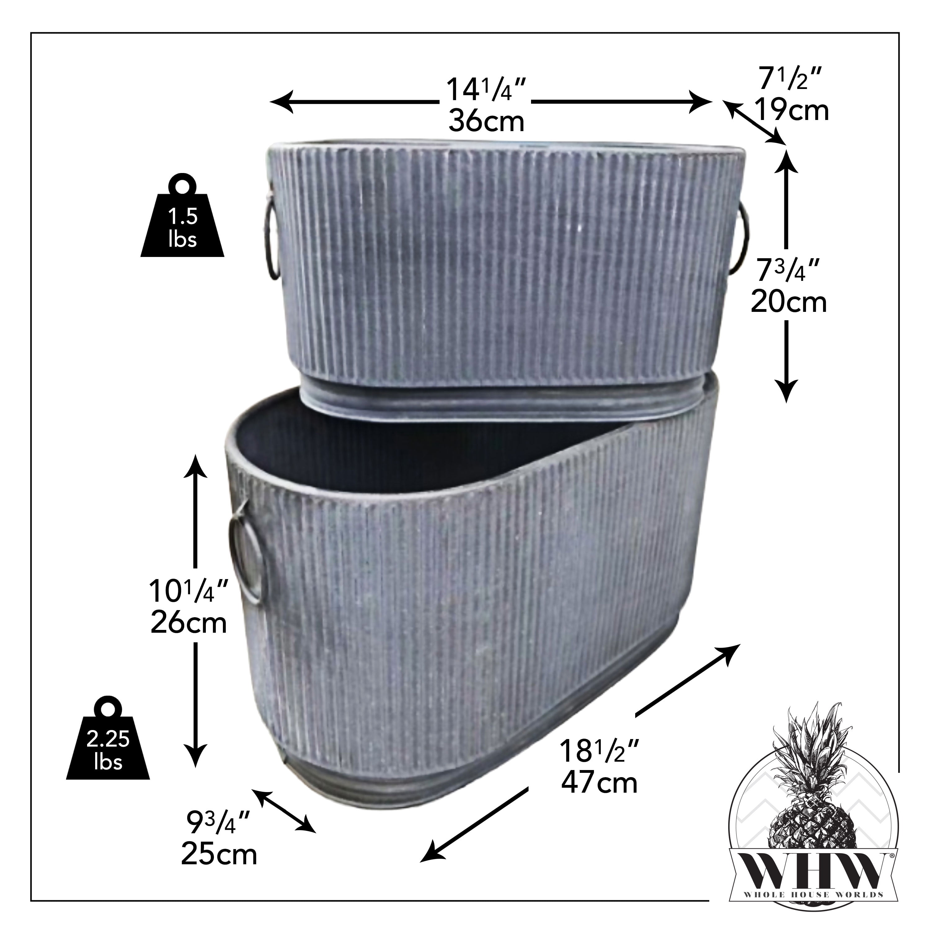 WHW Whole House Worlds French Country Style Oval Planters, Set of 2, Corrugated Bellies, Stepped Base, Rolled Rims, 14.25 and 18.5 Inches, Iron