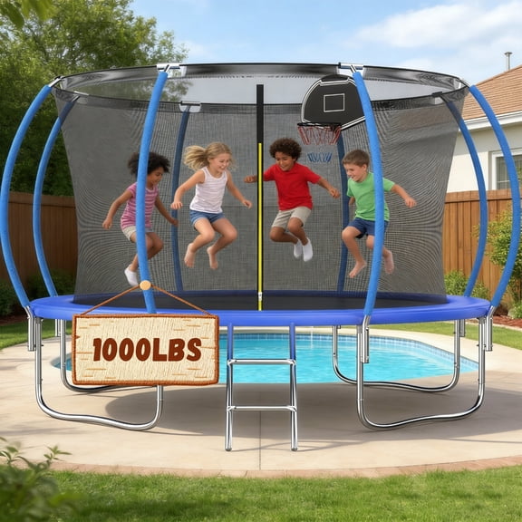 Shengchao Trade 1200LBS 12FT Trampoline for Adults and Kids,Trampoline with Enclosure,Basketball Hoop, Recreational Trampoline with Ladder, Heavy Duty Trampoline Capacity for 5-6 Kids