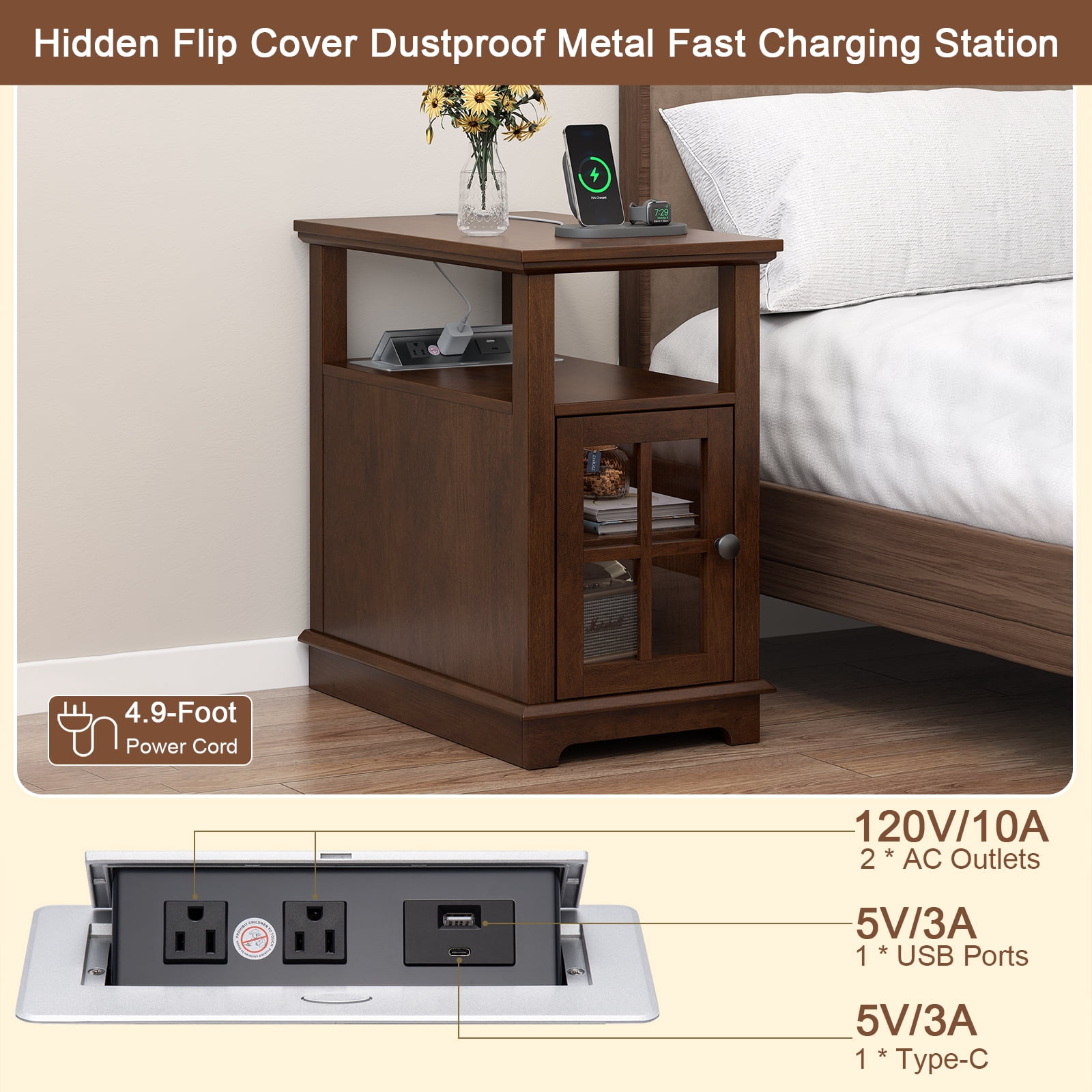 FAGAGA End Tables with Charging Station for Living Room, Wooden Nightstand for Bedroom,Cherry