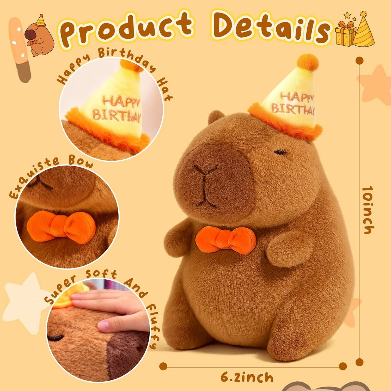 Happy Birthday Capybara Plush,Cute Capybara Stuffed Animal,Soft Kawaii Capibaras Stuff Toy for Kids,Capibara Plushies Birthday Party Decorations Gift for Boys Girls(10inch)