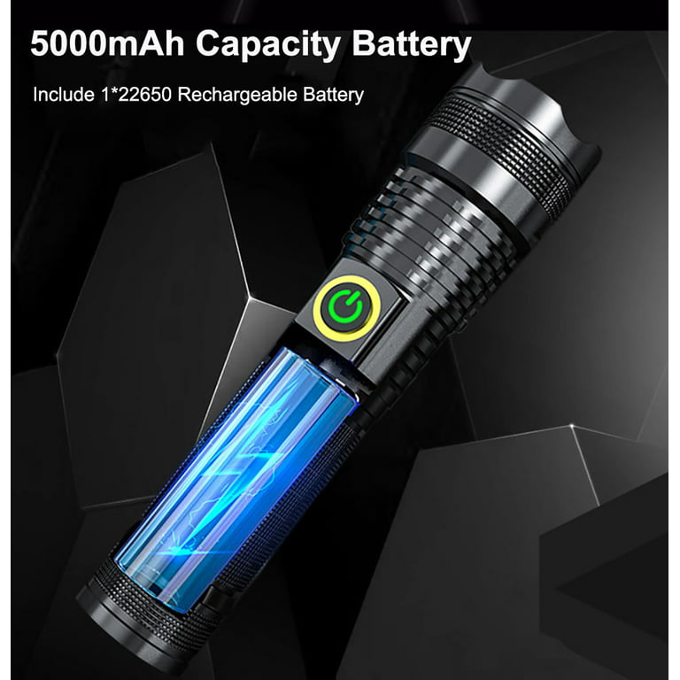 100000 Lumens Rechargeable Flashlight, Waterproof Searchlight Super Bright  Powerful LED Flashlight with 5 Modes Zoom Torch for Emergency Hiking  Hunting Camping Outdoor Sport 