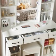 Caulitar Vanity Table Set with LED Lighted Mirror Makeup Vanity Desk with Stool & 3 Drawers & 2 Cabinets, White