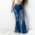 thumbnail image 2 of Flare Jeans for Women Fashion Ripped Hole Fringe Hem Bell Bottom Jeans High Waist Slim Fit Wash Denim Pants Trousers, 2 of 7