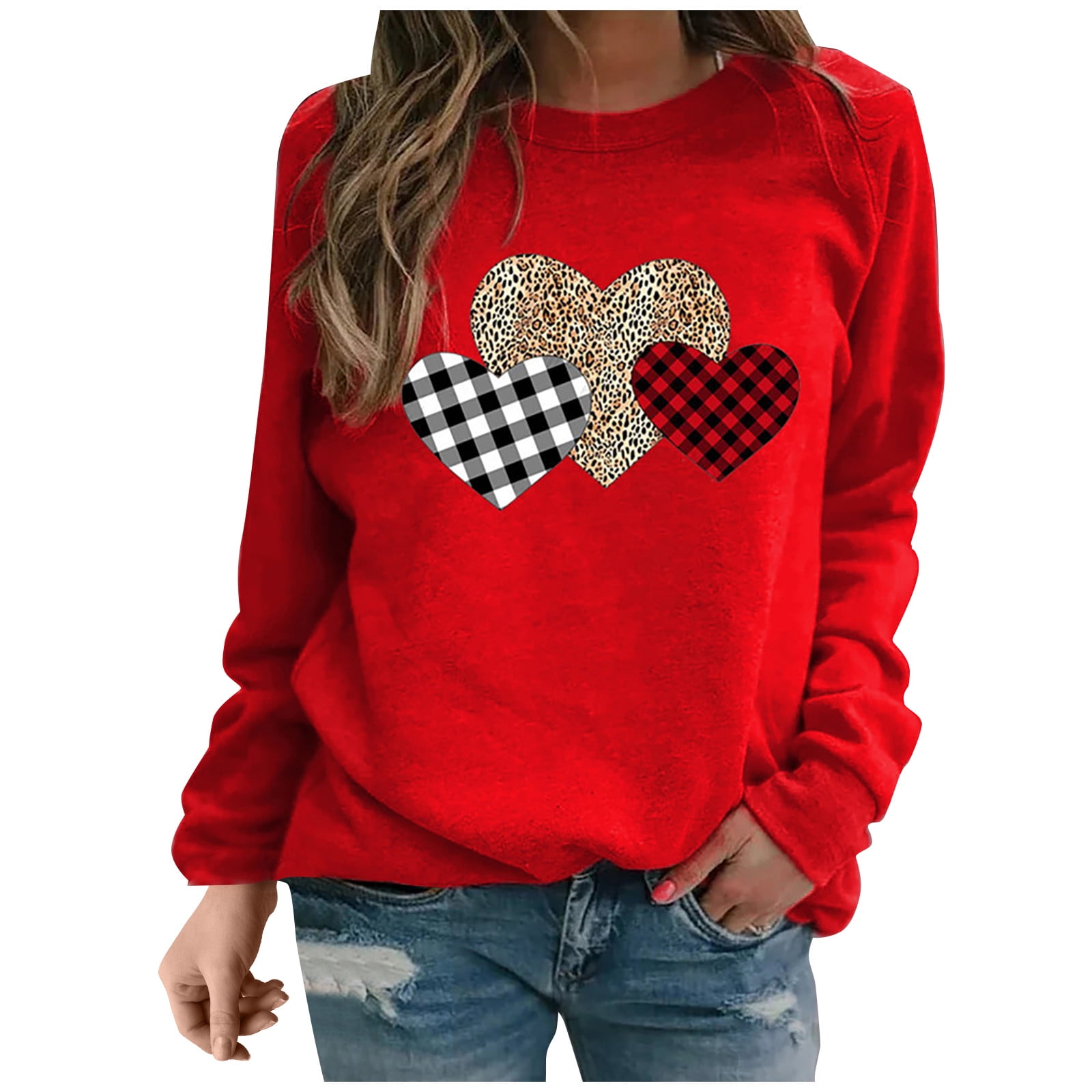 Valentines Day Women Plaid Leopard Tunic Top Graphic Print Splice Shirt Long Sleeve Blouse