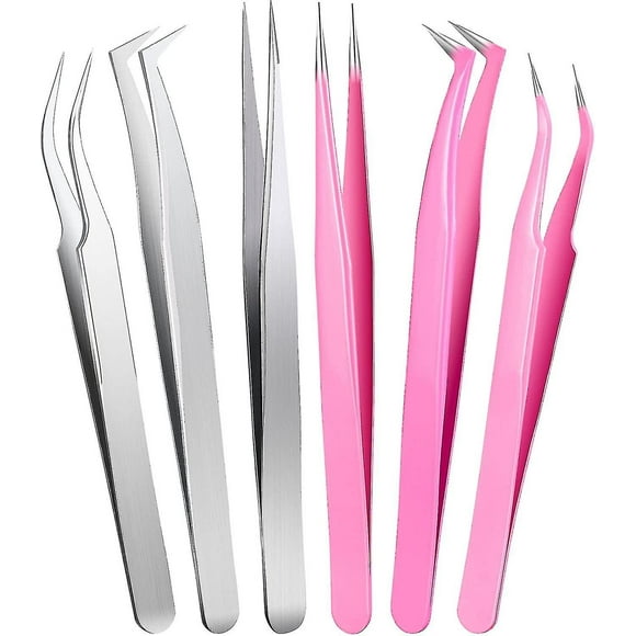 6 Pieces Eyelash Extension Tweezers Lash Tweezers Set Stainless Steel Straight And Curved Tip Tweezers Precision Eyebrow Tweezers Nippers For Eyebrow