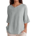 thumbnail image 1 of Hiiyo T-Shirt en Coton et Lin pour Femmes, Été, Décontracté, Col en V, Manches Courtes (P-4TG), 1 of 4