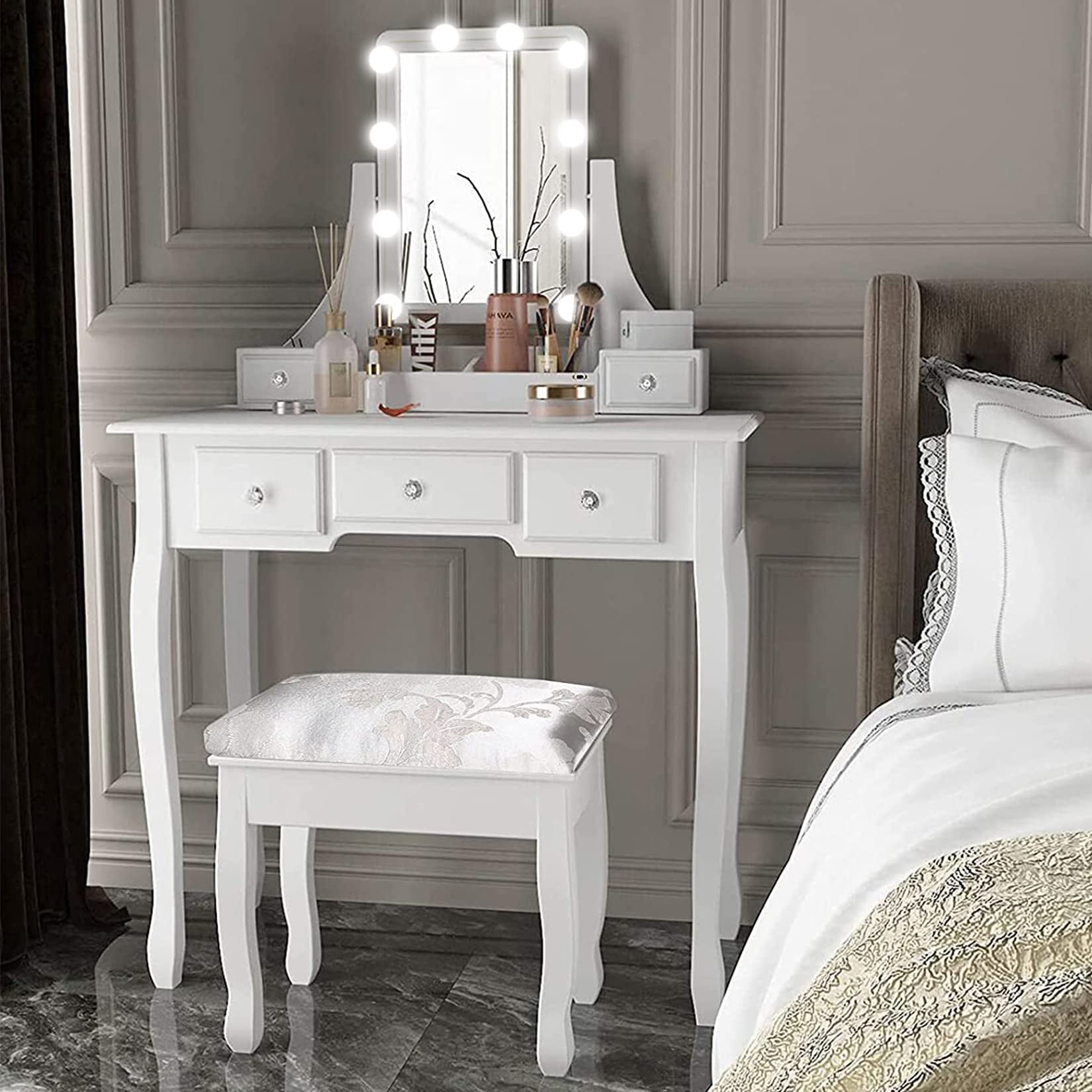 Buy VEANERWOOD Makeup Vanity Table with 10 Led Lights, Lighted Mirror 